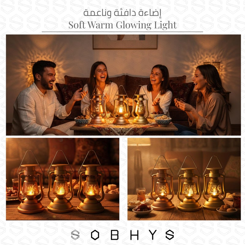 SOBHYS Pack of 3 (THREE) Heritage Glowing Ramadan Fanoos, 24.5cm LED Lantern with Flickering Candle Effect, Islamic Art Hanging Decor, 3 Pack, Metallic Finish, Battery Powered (3, Multicolor) - Image 4